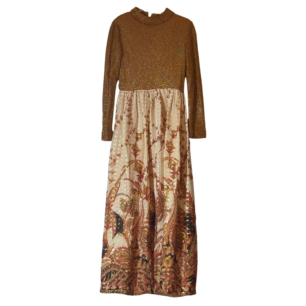Romantica Victor Costa Maxi Dress Women's Gold Paisley Vintage 70s Very Good XS